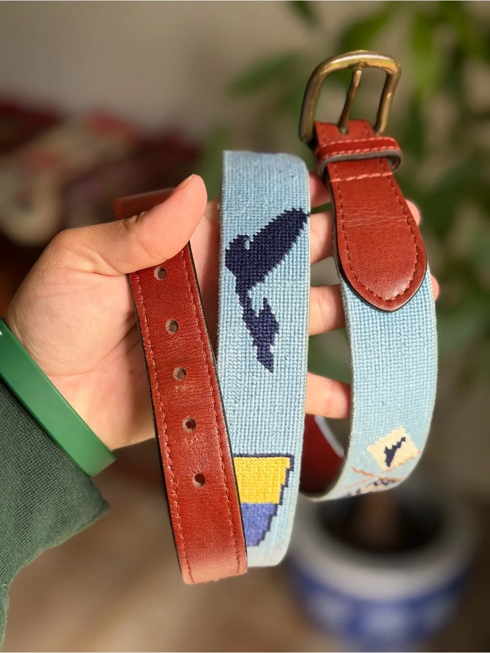 Light Blue Embroidered Needlepoint Leather-Trim Belt